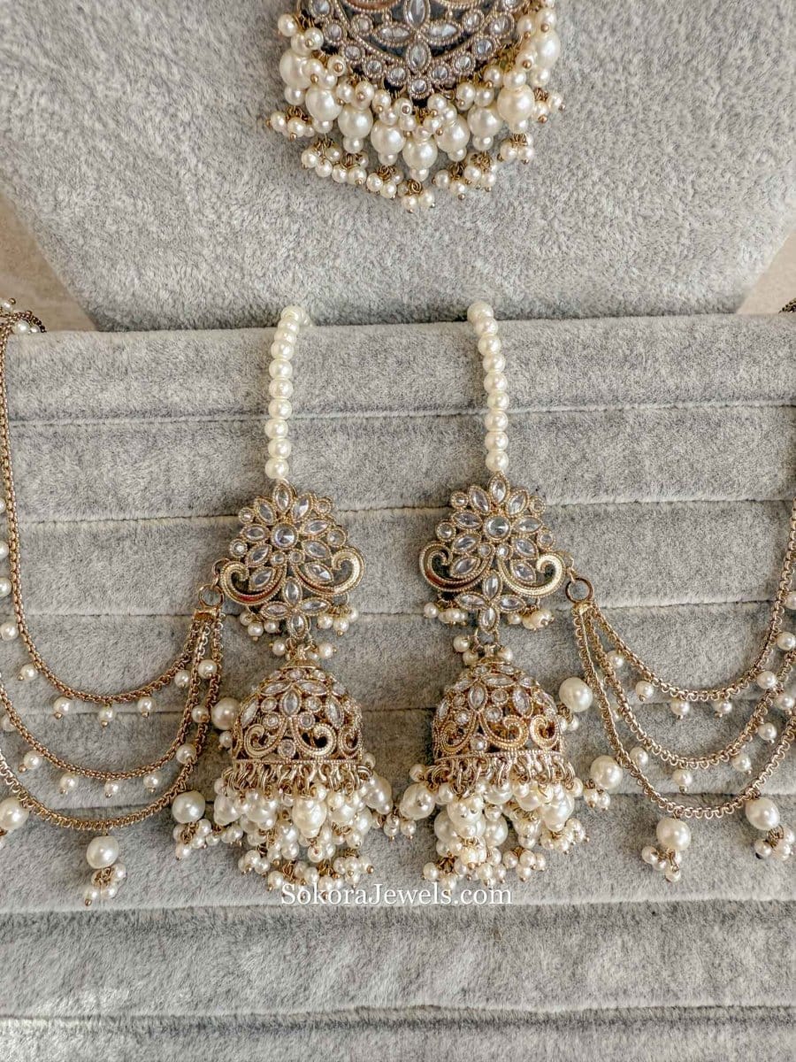 Uzma Bridal Necklace with Jhumka Earrings - Pearl - SOKORA JEWELSUzma Bridal Necklace with Jhumka Earrings - Pearlcustom