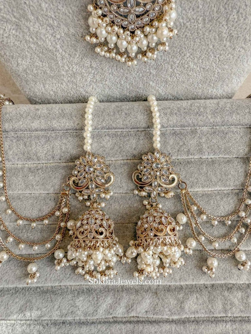 Uzma Bridal Necklace with Jhumka Earrings - Pearl - SOKORA JEWELSUzma Bridal Necklace with Jhumka Earrings - Pearlcustom