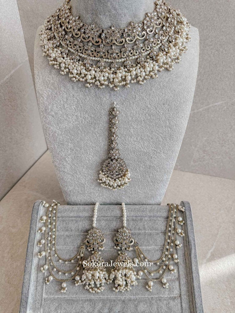 Uzma Bridal Necklace with Jhumka Earrings - Pearl - SOKORA JEWELSUzma Bridal Necklace with Jhumka Earrings - Pearlcustom