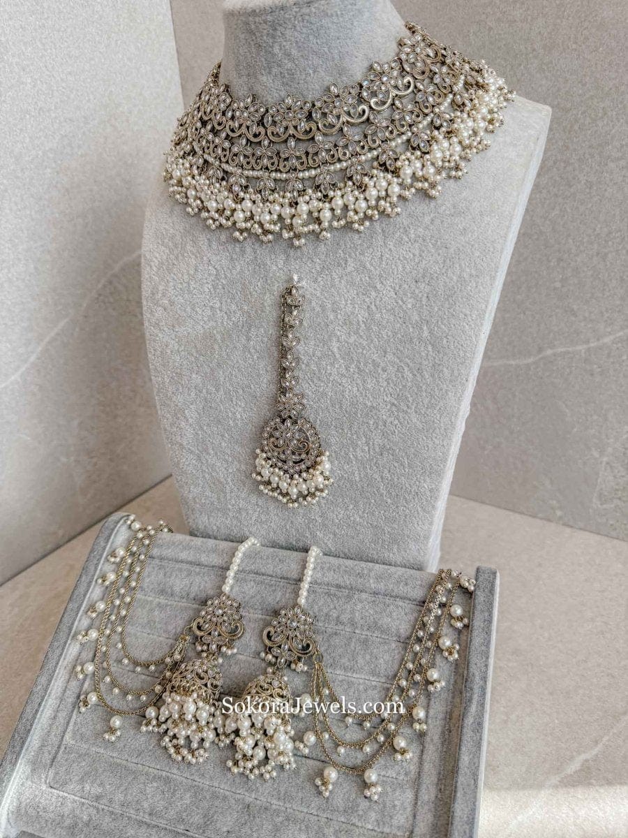Uzma Bridal Necklace with Jhumka Earrings - Pearl - SOKORA JEWELSUzma Bridal Necklace with Jhumka Earrings - Pearlcustom