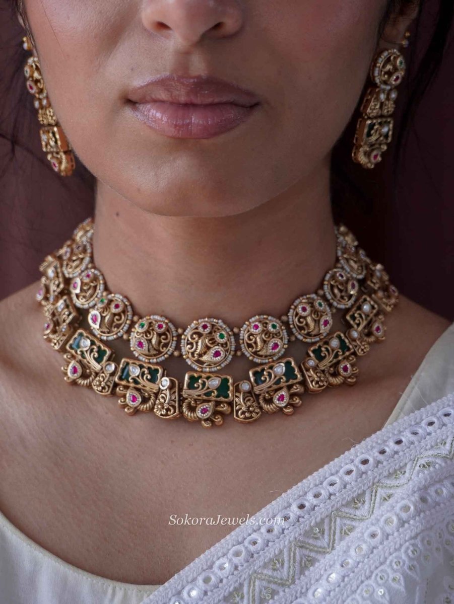 Vine Leaf Heritage Necklace Set – Ruby, Emerald & Kundan - SOKORA JEWELSVine Leaf Heritage Necklace Set – Ruby, Emerald & Kundan