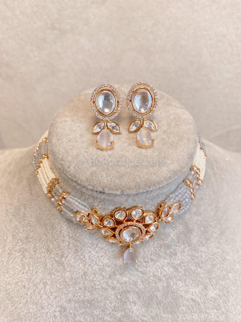 Viola Kundan Choker Set - Light Grey - SOKORA JEWELSViola Kundan Choker Set - Light GreyNECKLACE SETS