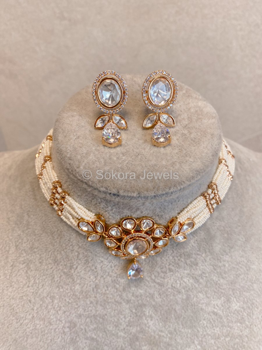 Viola Kundan Choker Set - Pearl - SOKORA JEWELSViola Kundan Choker Set - PearlNECKLACE SETS