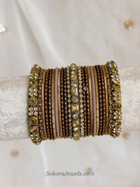 Viral Croissant-Inspired Bridal Bangle Set – Chocolate Brown, Nude & Antique Gold - SOKORA JEWELSViral Croissant-Inspired Bridal Bangle Set – Chocolate Brown, Nude & Antique GoldBANGLES
