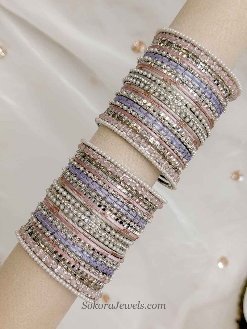 Viral Princess Sofia Pastel Bridal Bangle Set – Pink, Lilac & Silver - SOKORA JEWELSViral Princess Sofia Pastel Bridal Bangle Set – Pink, Lilac & SilverBANGLES