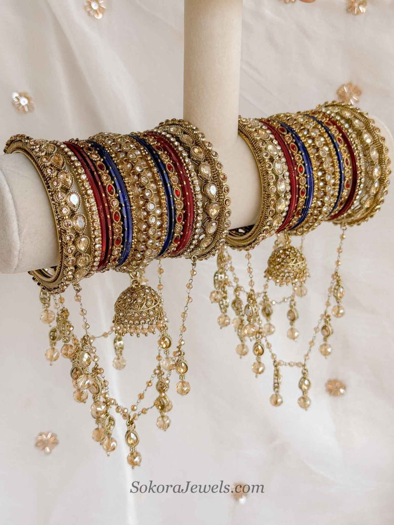Viral TikTok Statement Bridal Bangle Set with Kaleere – Red, Navy & Antique Gold - SOKORA JEWELSViral TikTok Statement Bridal Bangle Set with Kaleere – Red, Navy & Antique GoldBANGLES