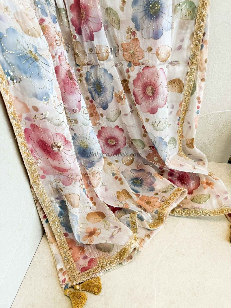 White & Multicolour Floral Dupatta - Embellished Occasion Dupatta - SOKORA JEWELSWhite & Multicolour Floral Dupatta - Embellished Occasion Dupatta