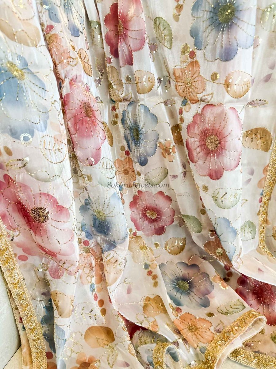 White & Multicolour Floral Dupatta - Embellished Occasion Dupatta - SOKORA JEWELSWhite & Multicolour Floral Dupatta - Embellished Occasion Dupatta
