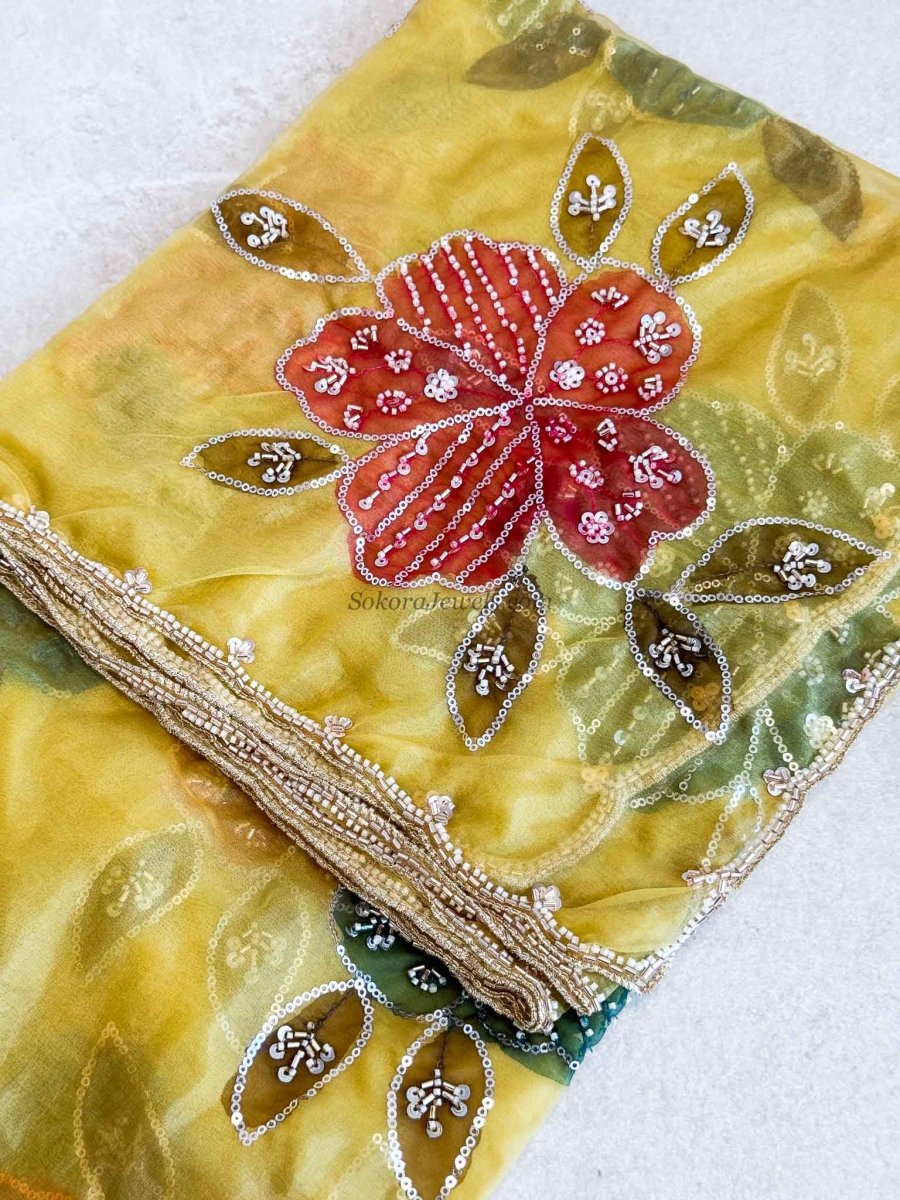 Yellow Floral Dupatta - Embellished Net Occasion Dupatta - SOKORA JEWELSYellow Floral Dupatta - Embellished Net Occasion Dupatta