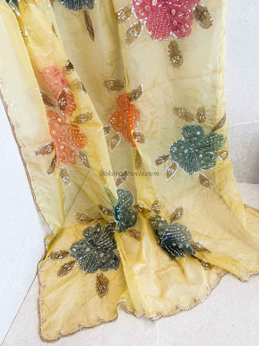 Yellow Floral Dupatta - Embellished Net Occasion Dupatta - SOKORA JEWELSYellow Floral Dupatta - Embellished Net Occasion Dupatta