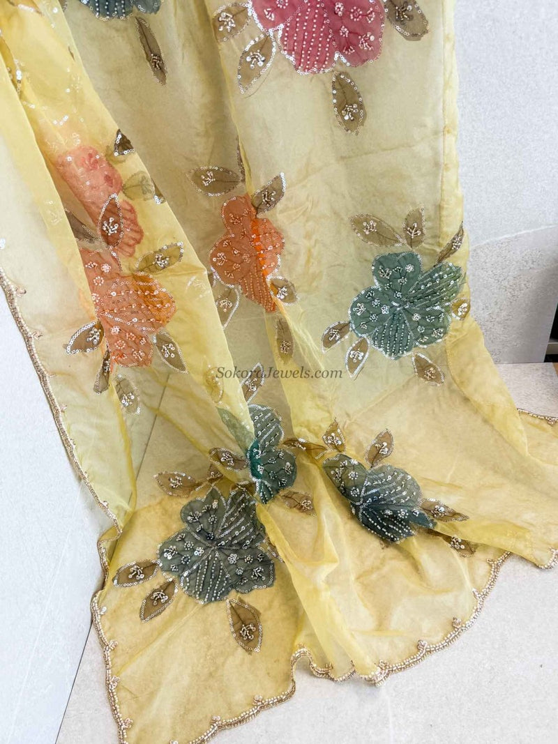 Yellow Floral Dupatta - Embellished Net Occasion Dupatta - SOKORA JEWELSYellow Floral Dupatta - Embellished Net Occasion Dupatta
