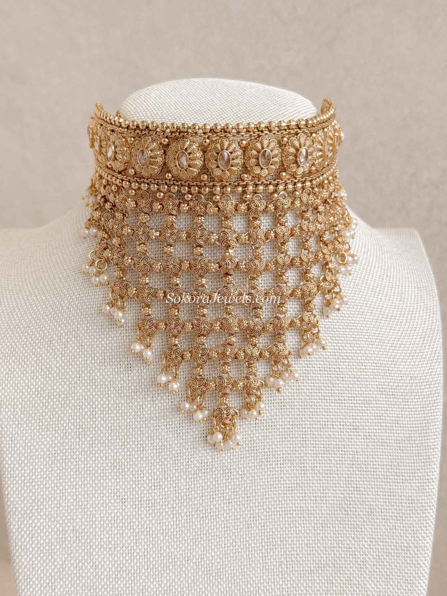 Zariya Cascade Statement Choker Set with Pearls - SOKORA JEWELSZariya Cascade Statement Choker Set with Pearls