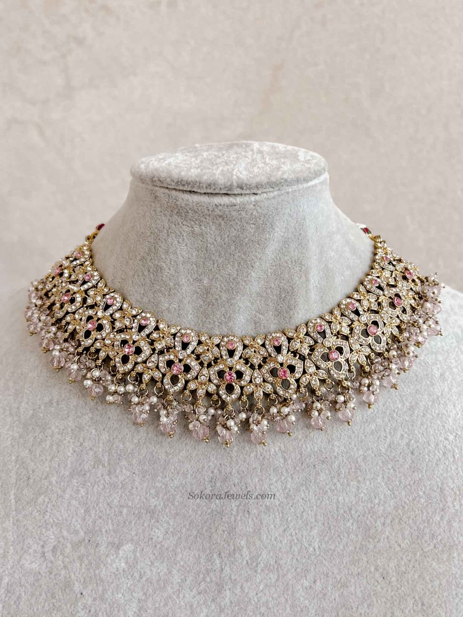 Zeba Bridal Double Choker Necklace set - Pink - SOKORA JEWELSZeba Bridal Double Choker Necklace set - Pink