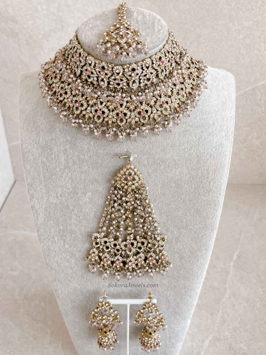 Zeba Bridal Double Choker Necklace set - Pink - SOKORA JEWELSZeba Bridal Double Choker Necklace set - Pink