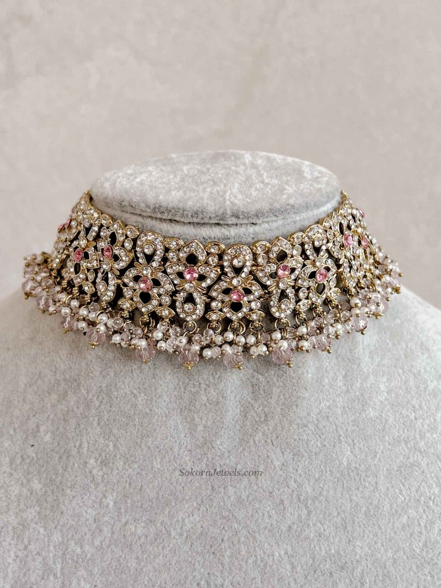 Zeba Bridal Double Choker Necklace set - Pink - SOKORA JEWELSZeba Bridal Double Choker Necklace set - Pink