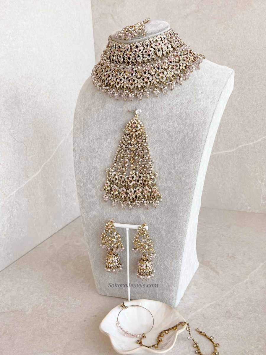 Zeba Bridal Double Choker Necklace set - Pink - SOKORA JEWELSZeba Bridal Double Choker Necklace set - Pink