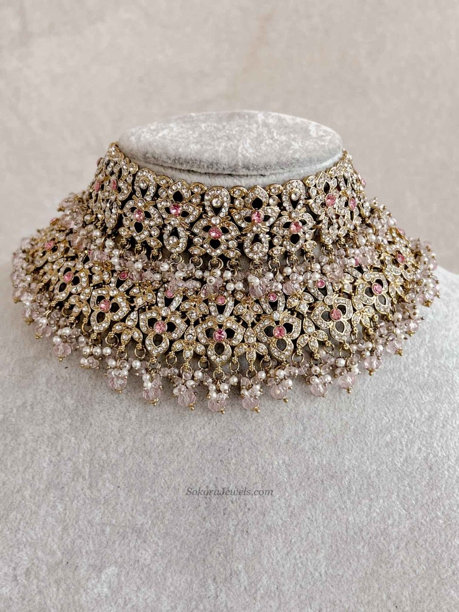 Zeba Bridal Double Choker Necklace set - Pink - SOKORA JEWELSZeba Bridal Double Choker Necklace set - Pink