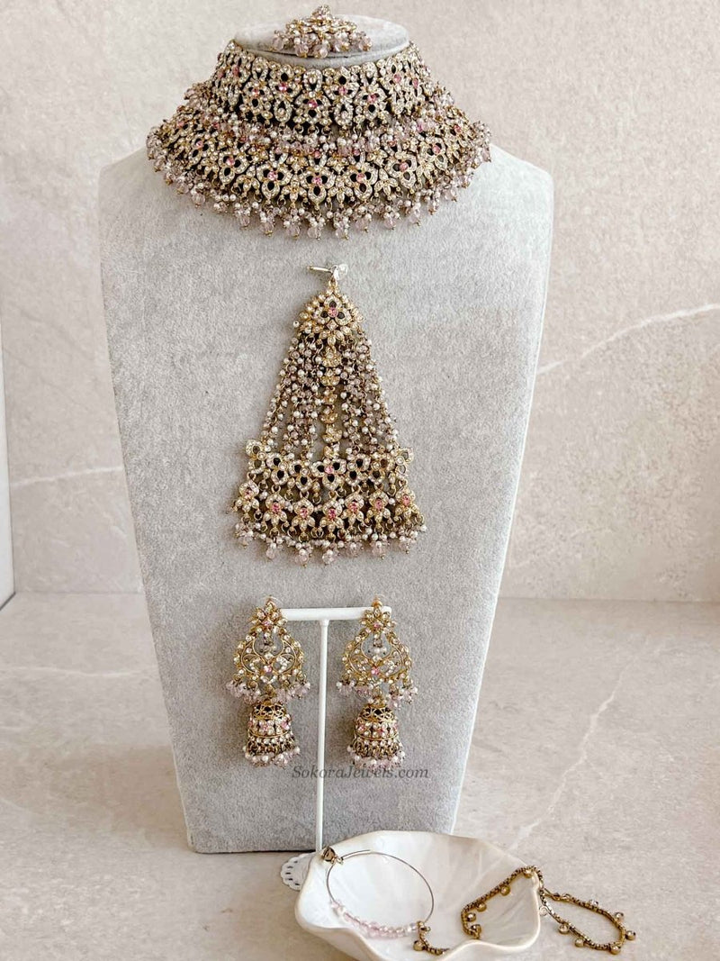 Zeba Bridal Double Choker Necklace set - Pink - SOKORA JEWELSZeba Bridal Double Choker Necklace set - Pink
