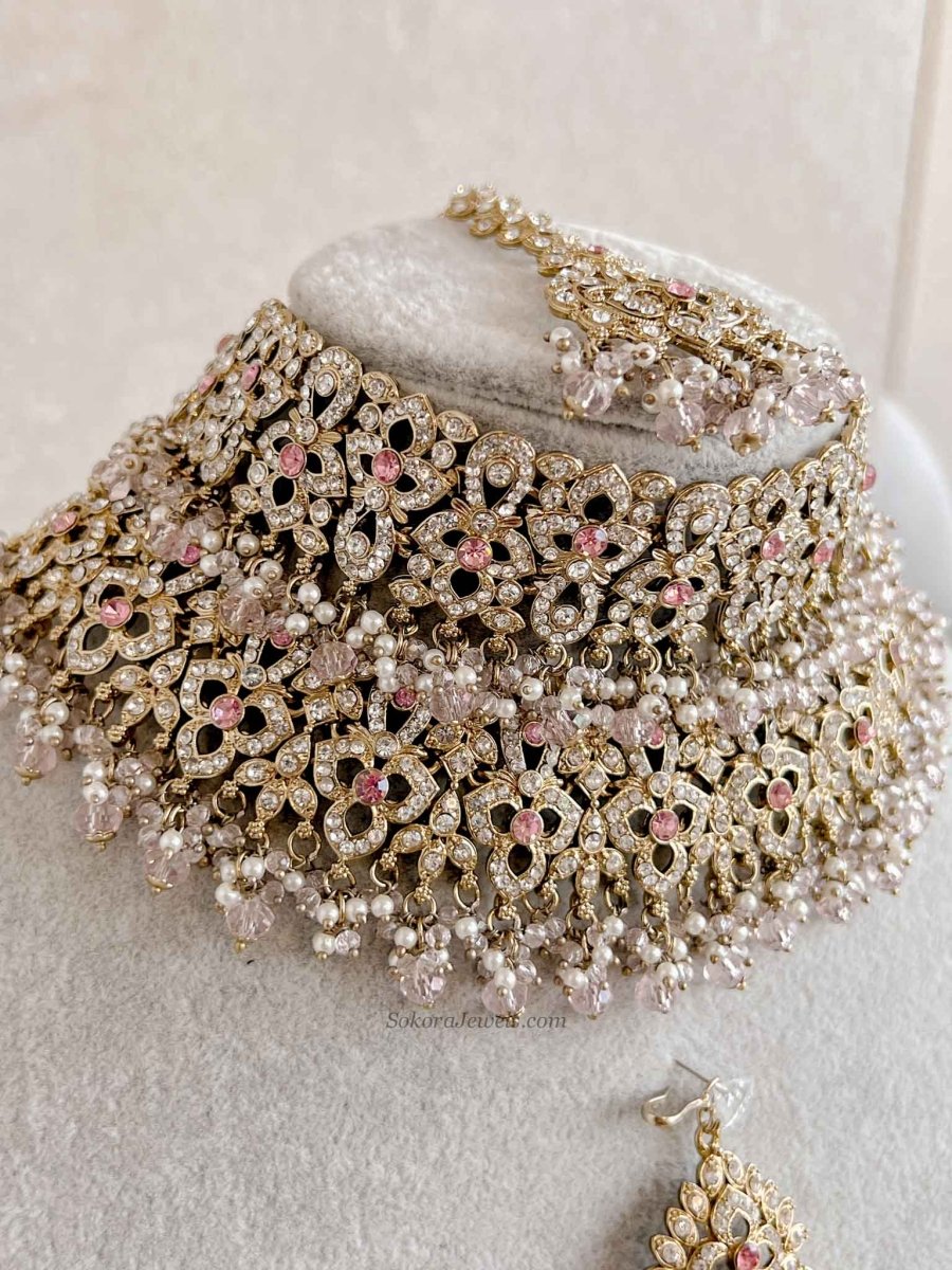 Zeba Bridal Double Choker Necklace set - Pink - SOKORA JEWELSZeba Bridal Double Choker Necklace set - Pink