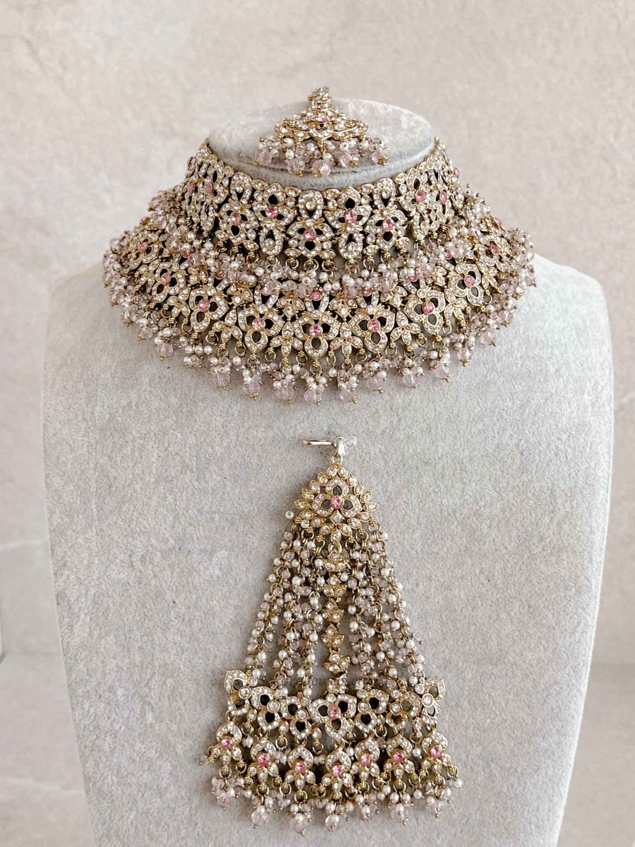 Zeba Bridal Double Choker Necklace set - Pink - SOKORA JEWELSZeba Bridal Double Choker Necklace set - Pink