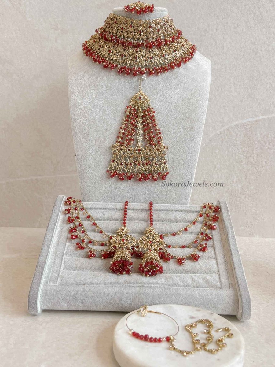 Zeba Bridal Double Choker Necklace set - Red - SOKORA JEWELSZeba Bridal Double Choker Necklace set - Red
