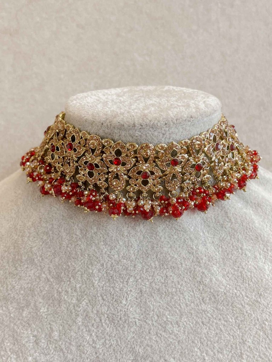 Zeba Bridal Double Choker Necklace set - Red - SOKORA JEWELSZeba Bridal Double Choker Necklace set - Red