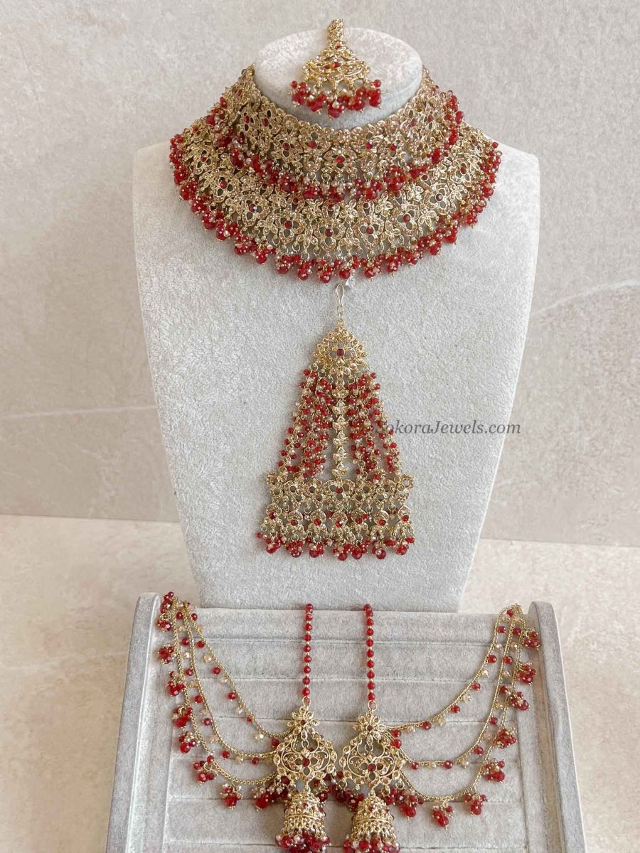 Zeba Bridal Double Choker Necklace set - Red - SOKORA JEWELSZeba Bridal Double Choker Necklace set - Red