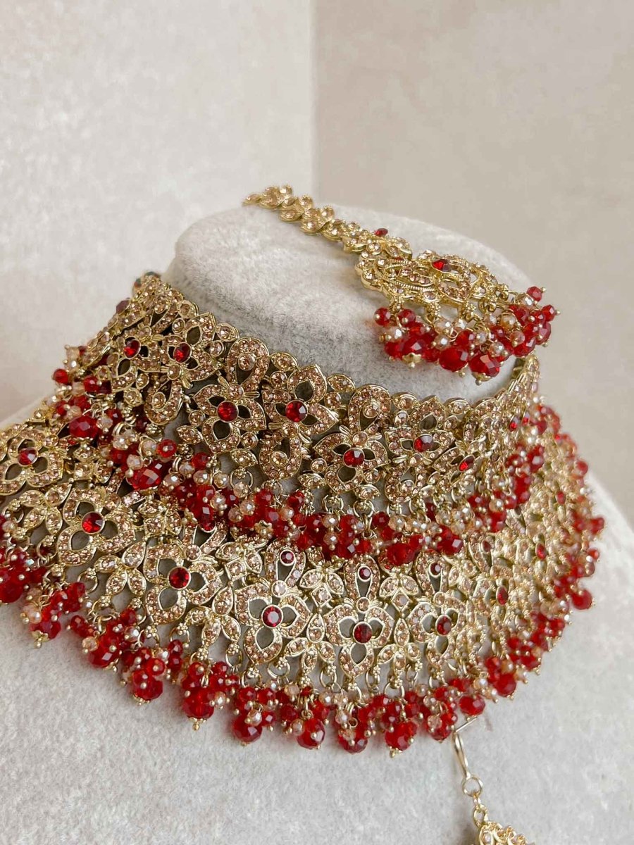 Zeba Bridal Double Choker Necklace set - Red - SOKORA JEWELSZeba Bridal Double Choker Necklace set - Red