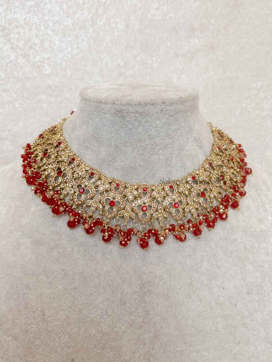 Zeba Bridal Double Choker Necklace set - Red - SOKORA JEWELSZeba Bridal Double Choker Necklace set - Red