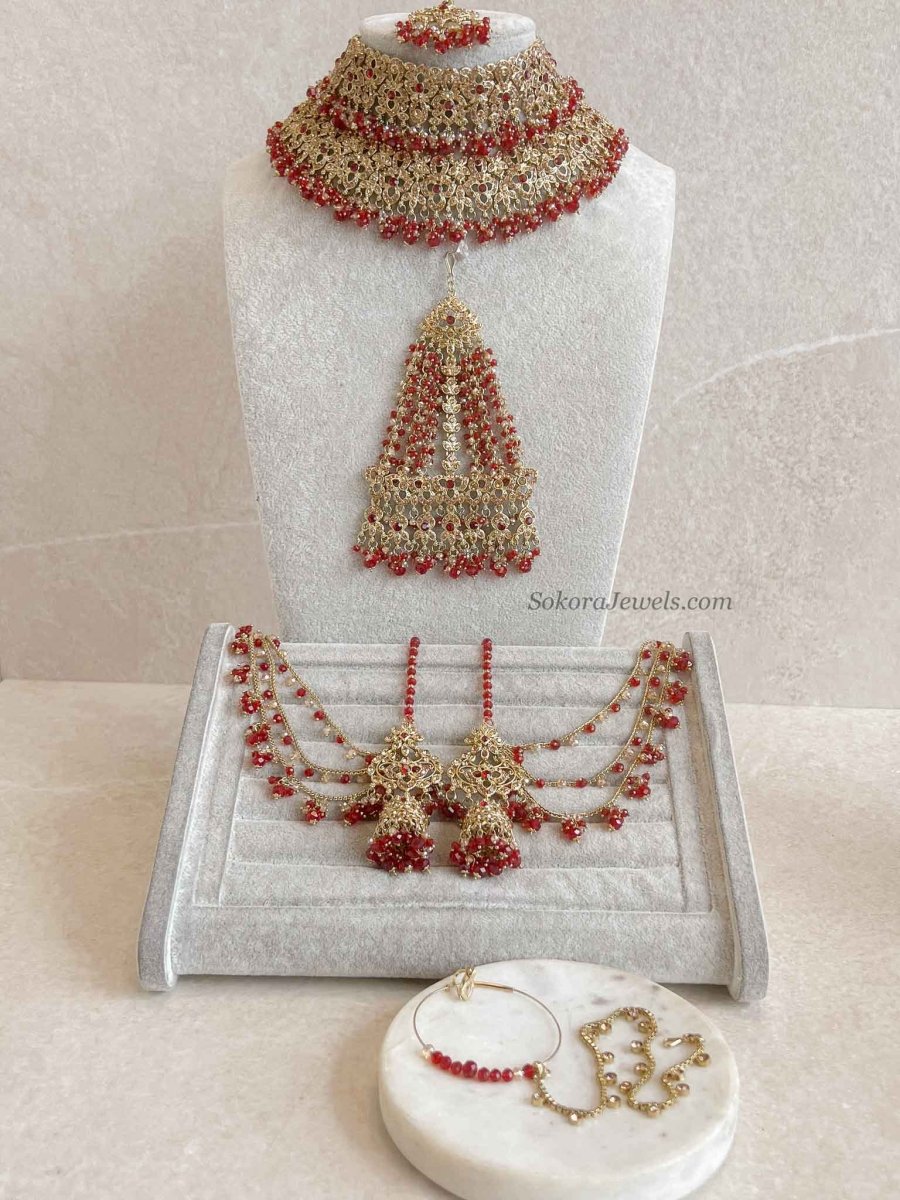 Zeba Bridal Double Choker Necklace set - Red - SOKORA JEWELSZeba Bridal Double Choker Necklace set - Red