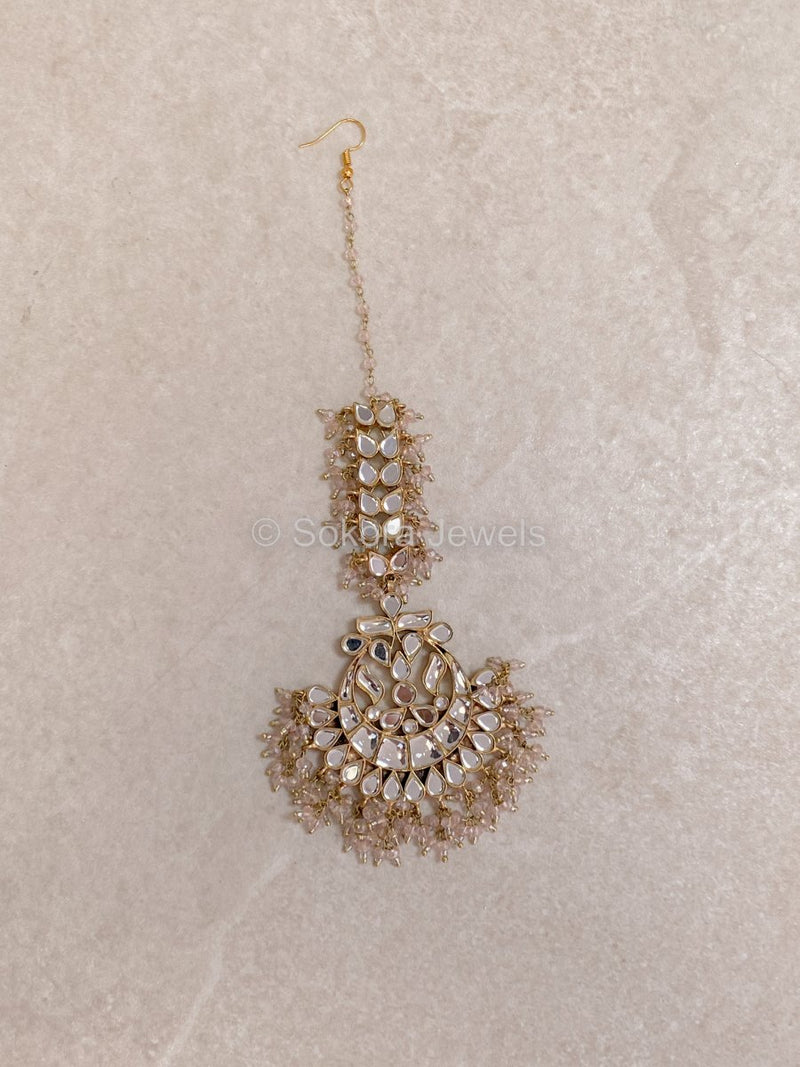 Zenab Large Mirror Kundan Tikka - Pink - SOKORA JEWELSZenab Large Mirror Kundan Tikka - Pink