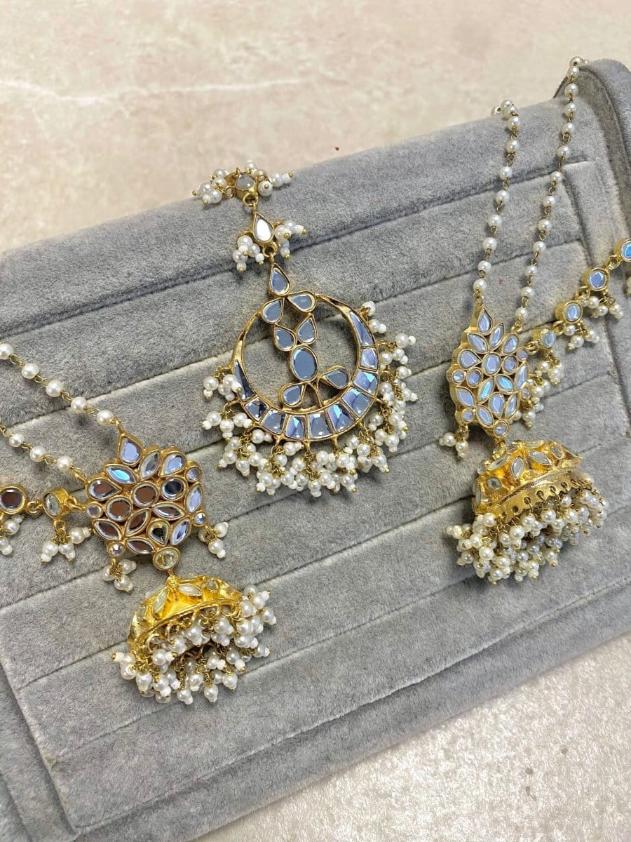 Zenab Mirror Kundan Earring and Tikka set - SOKORA JEWELSZenab Mirror Kundan Earring and Tikka set