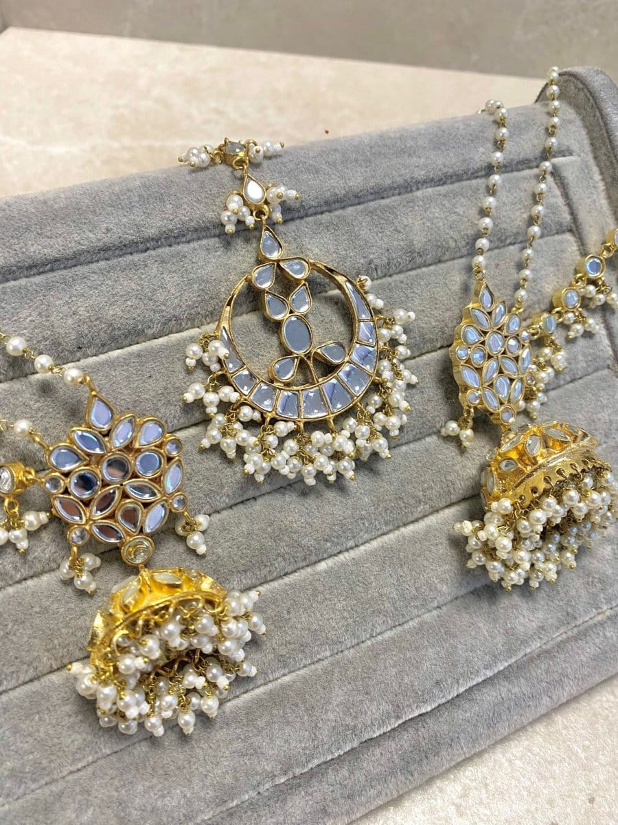 Zenab Mirror Kundan Earring and Tikka set - SOKORA JEWELSZenab Mirror Kundan Earring and Tikka set