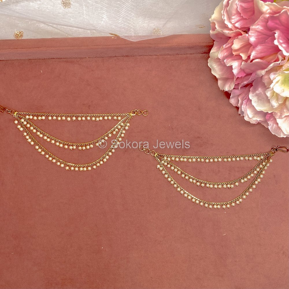 3 Line Pearl and Antique Gold Earring Chains - SOKORA JEWELS3 Line Pearl and Antique Gold Earring ChainsEARRINGS