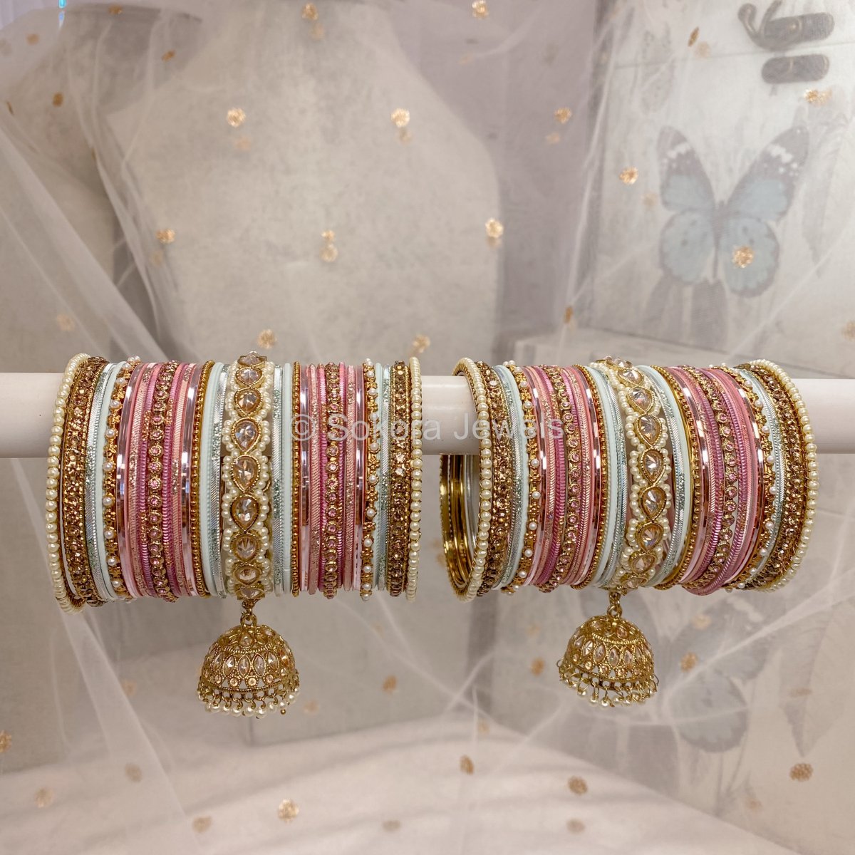 Aafiya Bridal Bangle Set - Pink & Mint - SOKORA JEWELSAafiya Bridal Bangle Set - Pink & MintBANGLES