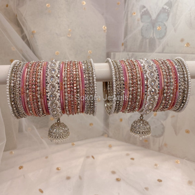 Aafiya Bridal Bangle Set - Silver & Pink - SOKORA JEWELSAafiya Bridal Bangle Set - Silver & PinkBANGLES