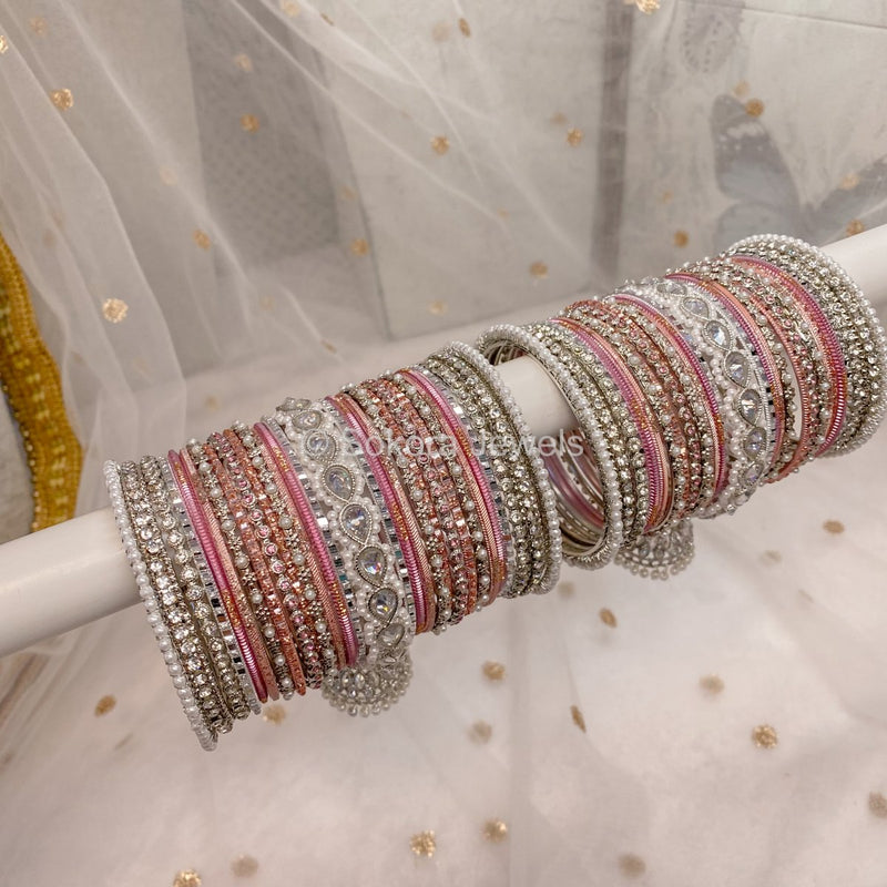 Aafiya Bridal Bangle Set - Silver & Pink - SOKORA JEWELSAafiya Bridal Bangle Set - Silver & PinkBANGLES