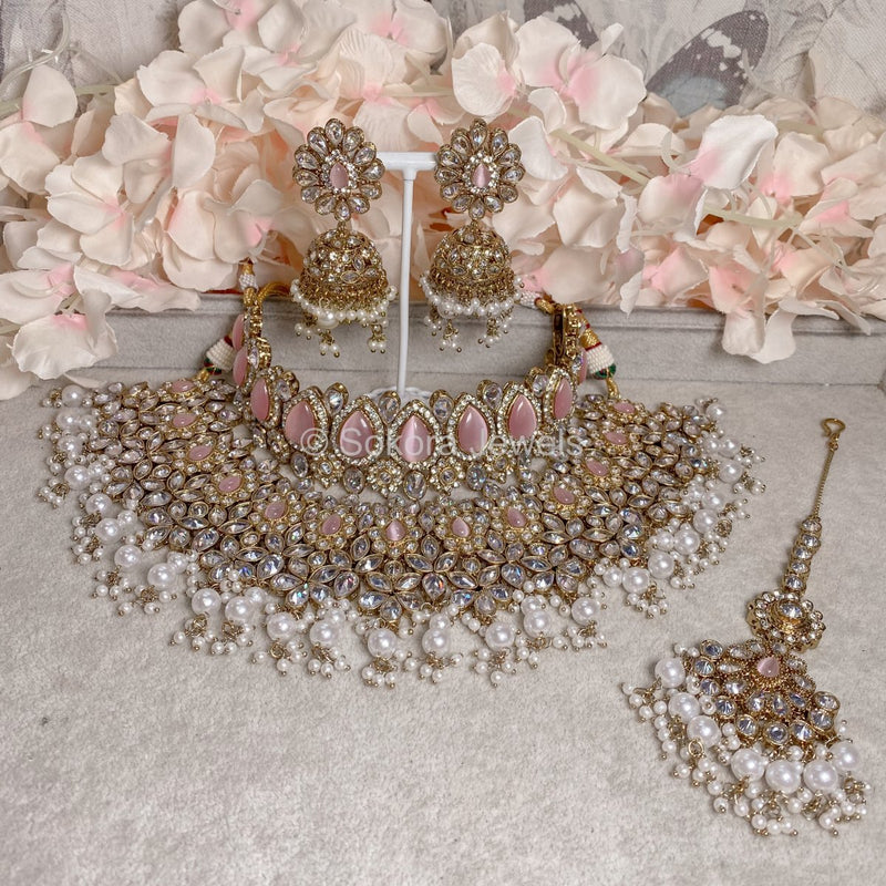 Aafiya Bridal Double necklace set - Light Pink - SOKORA JEWELSAafiya Bridal Double necklace set - Light Pink