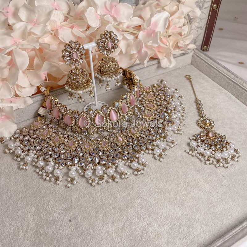 Aafiya Bridal Double necklace set - Light Pink - SOKORA JEWELSAafiya Bridal Double necklace set - Light Pink