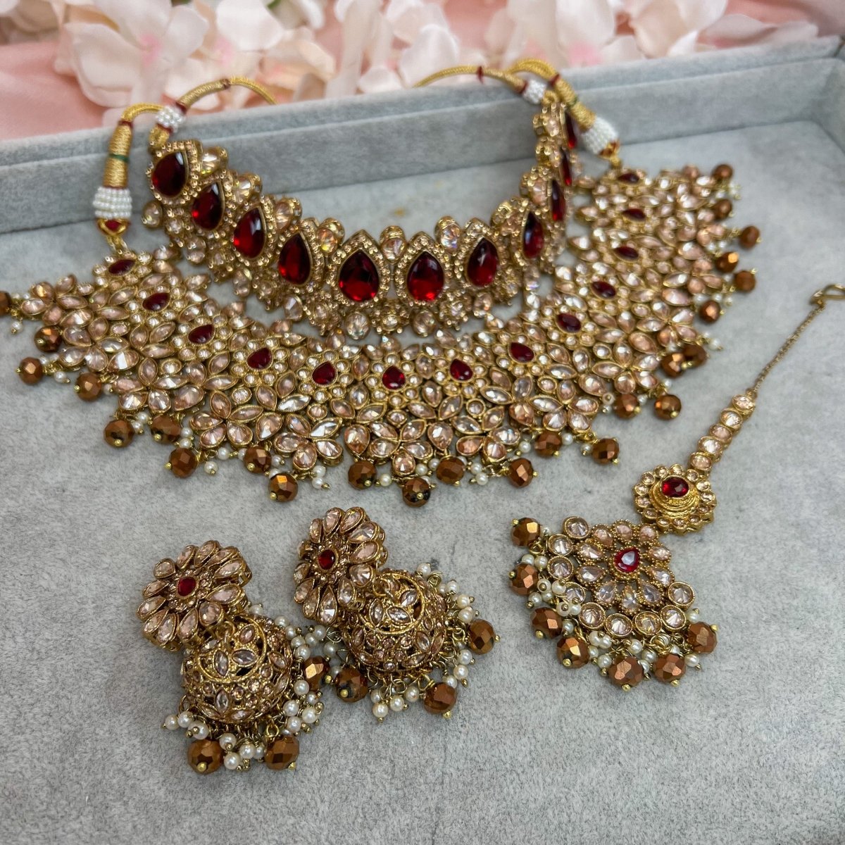 Aafiya Bridal Double necklace set - Maroon/Copper - SOKORA JEWELSAafiya Bridal Double necklace set - Maroon/Copper