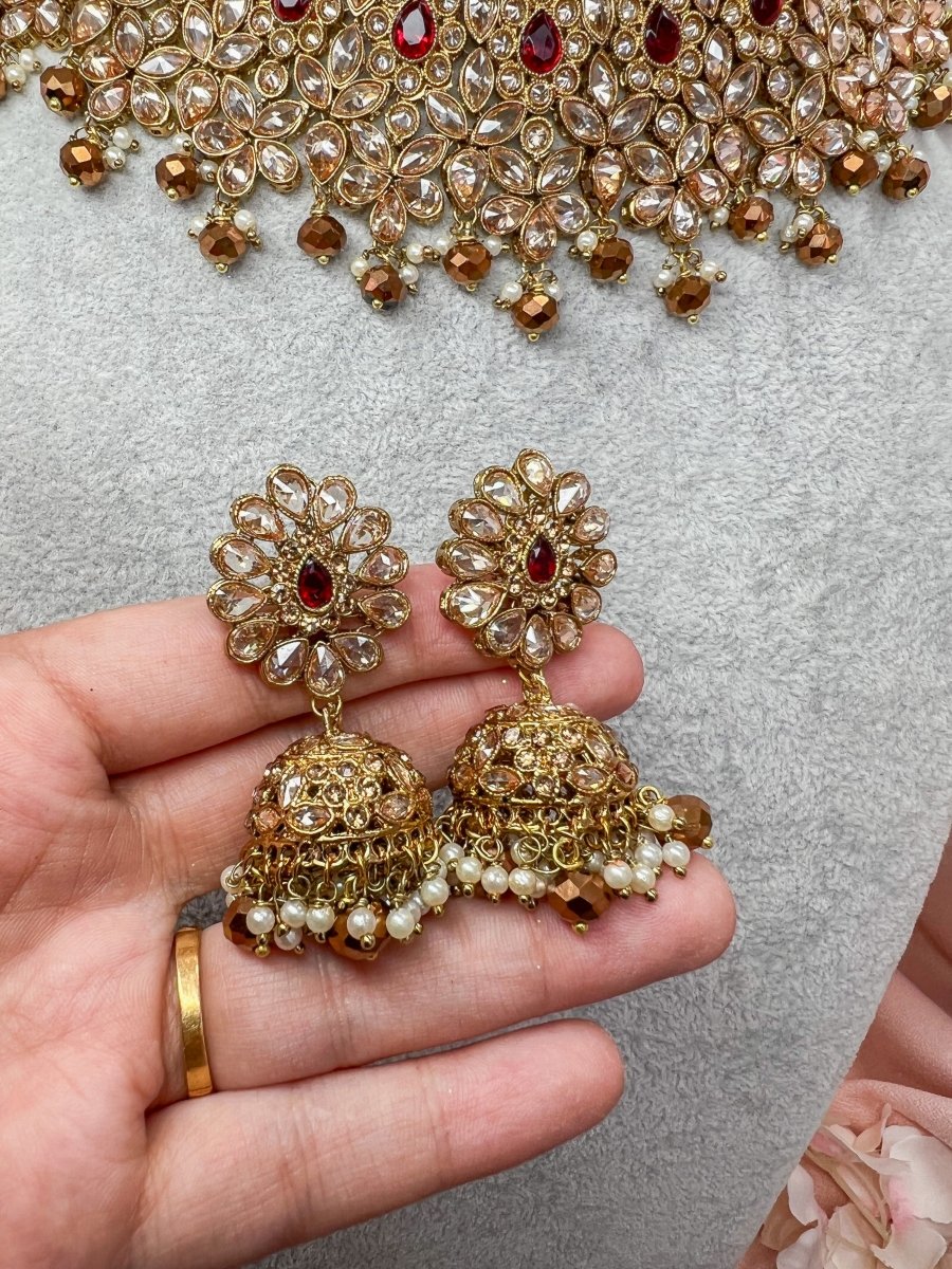 Aafiya Bridal Double necklace set - Maroon/Copper - SOKORA JEWELSAafiya Bridal Double necklace set - Maroon/Copper