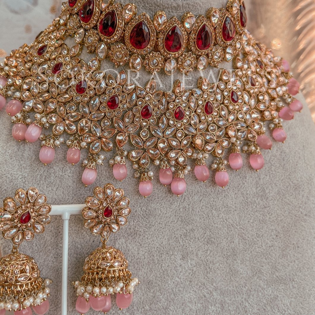 Aafiya Bridal Double necklace set - Maroon/Pink - SOKORA JEWELSAafiya Bridal Double necklace set - Maroon/Pink