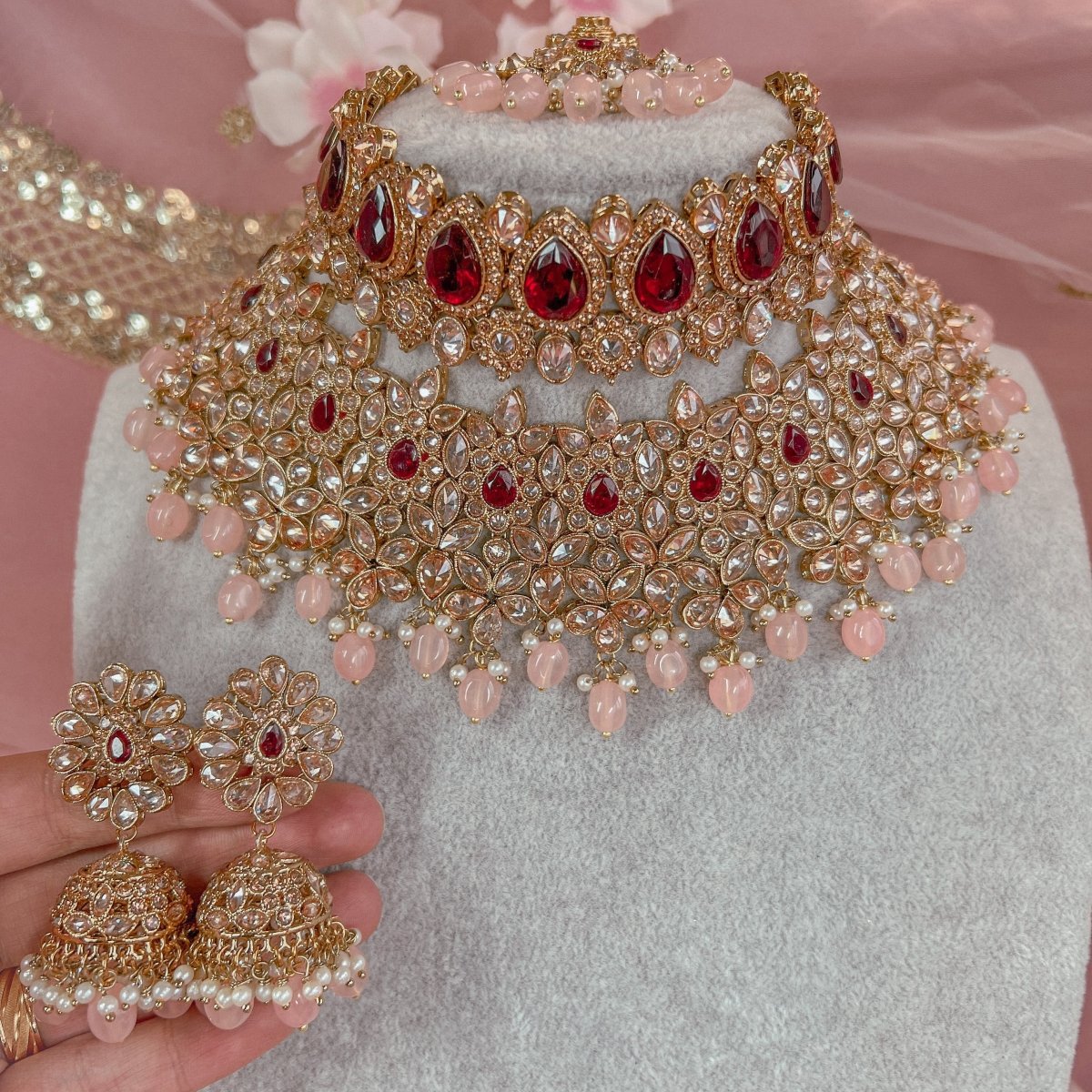Pink Gold Plated Kundan & Pearl Choker Necklace Set For Women