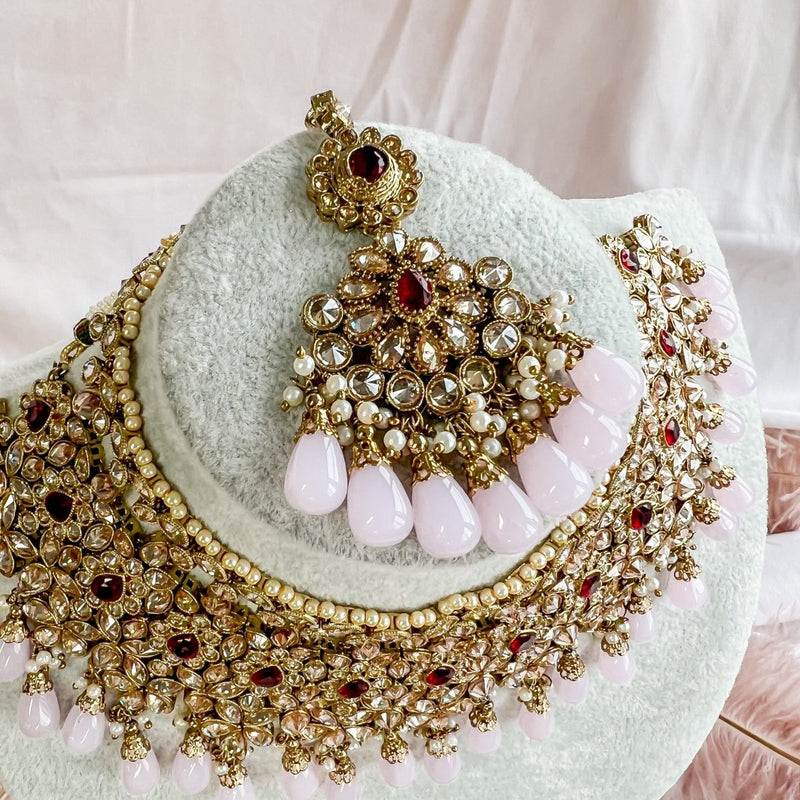 Aafiya Bridal Double necklace set - Maroon/Pink - SOKORA JEWELSAafiya Bridal Double necklace set - Maroon/Pink