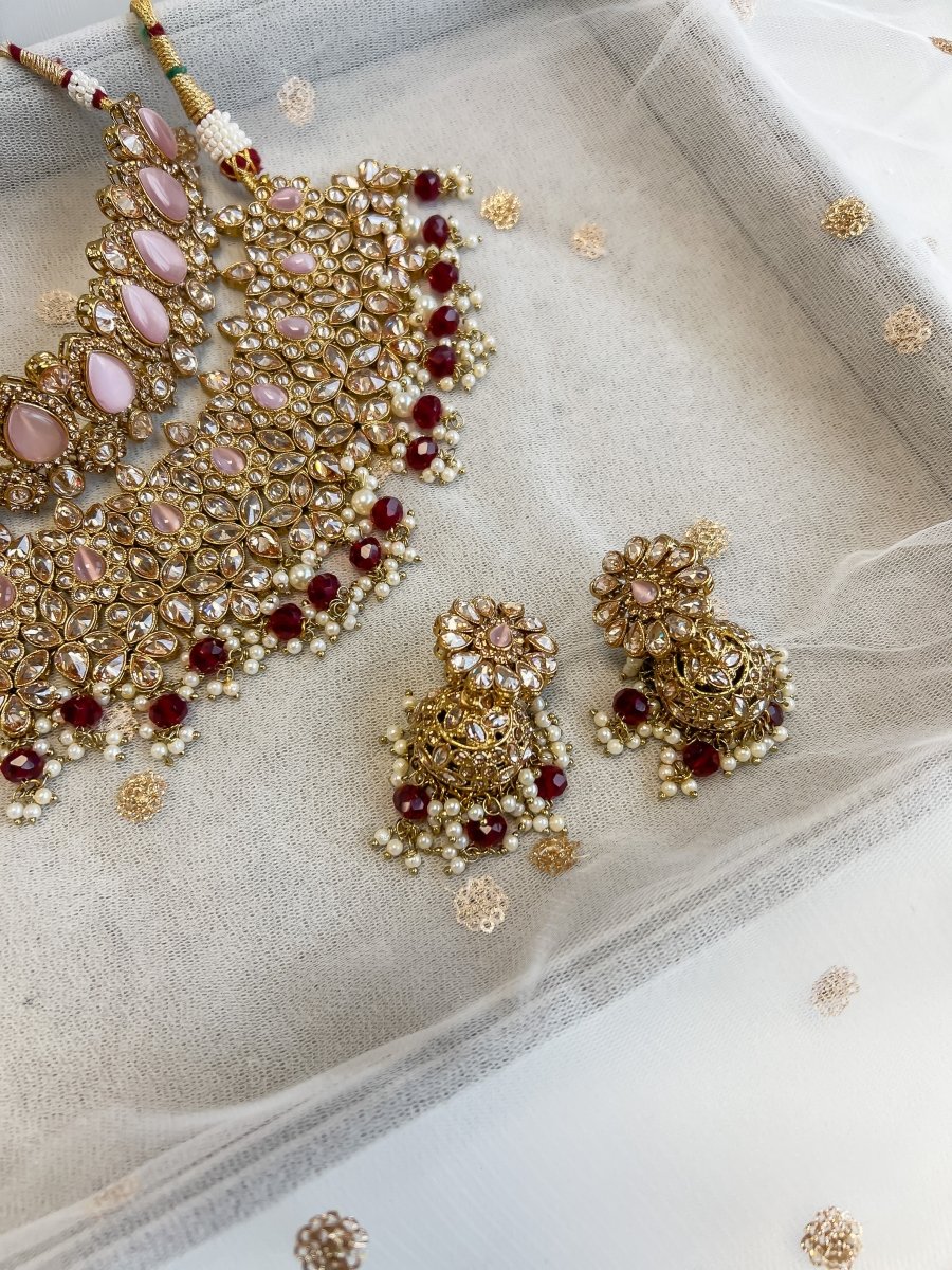 Aafiya Bridal Double necklace set Silver - Pink – SOKORA JEWELS