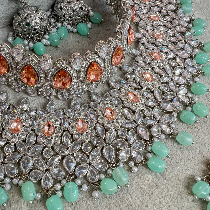 Aafiya Bridal Double necklace set - Mint/Peach - SOKORA JEWELSAafiya Bridal Double necklace set - Mint/Peach