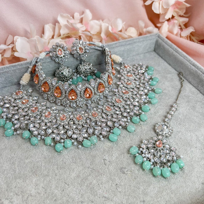 Aafiya Bridal Double necklace set - Mint/Peach - SOKORA JEWELSAafiya Bridal Double necklace set - Mint/Peach