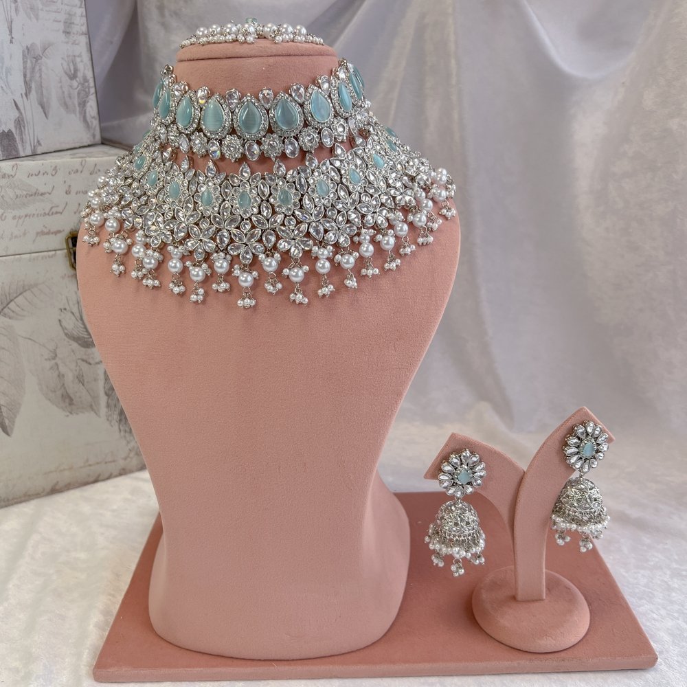 Aafiya Bridal Double necklace set - Pastel Blue - SOKORA JEWELSAafiya Bridal Double necklace set - Pastel Blue