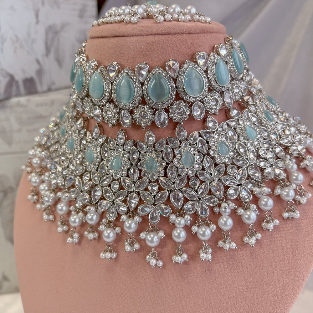 Aafiya Bridal Double necklace set - Pastel Blue - SOKORA JEWELSAafiya Bridal Double necklace set - Pastel Blue