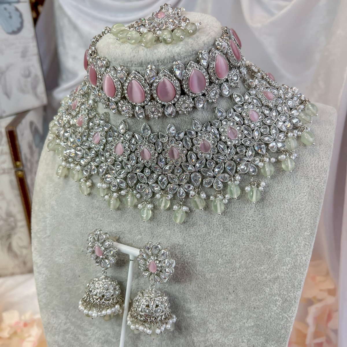 Aafiya Bridal Double necklace set - Pink - Mint - SOKORA JEWELSAafiya Bridal Double necklace set - Pink - Mint